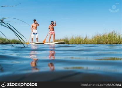 Man and woman stand up paddleboarding on lake. Young couple are doing watersport on lake. Male and female tourists are in swimwear during summer vacation.