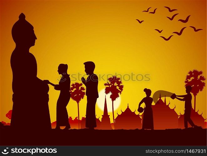 man and woman throw water each other in Song kran day famous festival of Thailand Loas Myanmar and Cambodia,new year,silhouette design,vector illustration