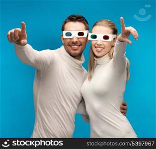 man and woman with 3d glasses pointing their fingers