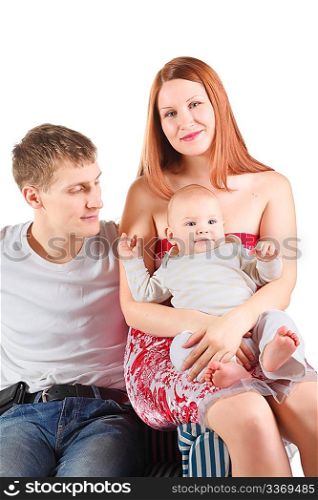man and woman with baby is sitting on a striped chair. isolated.