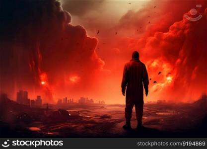 Man apocalypse city. Night disaster. Generate Ai. Man apocalypse city. Generate Ai