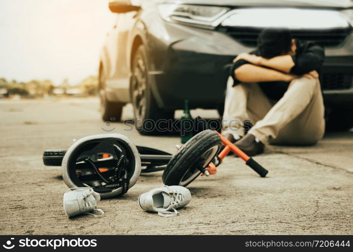 Man are stressed while being drunk with driving crash a child bike accident occurs.