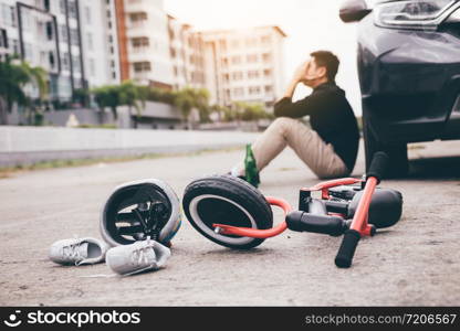 Man are stressed while being drunk with driving crash a child bike accident occurs.