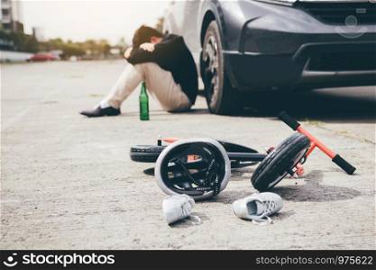 Man are stressed while being drunk with driving crash a child bike accident occurs.