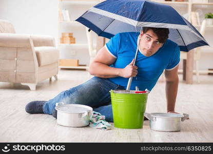 Man at home dealing with neighbor flood leak