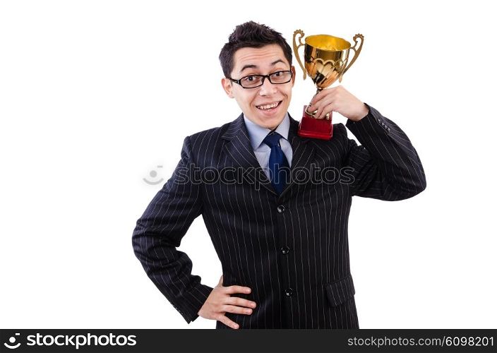 Man awarded with cup isolated on white