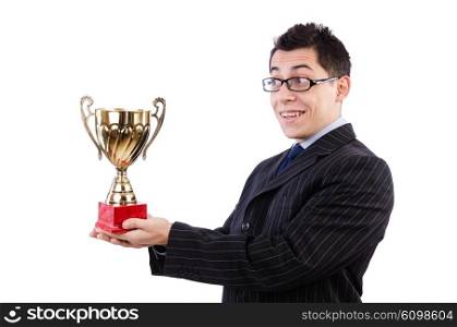 Man awarded with cup isolated on white