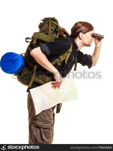 Man backpacker with map looking through binoculars. Man tourist backpacker holding map looking through binoculars. Young guy hiker backpacking. Summer vacation travel. Isolated on white background.
