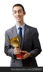 Man being awarded with golden cup