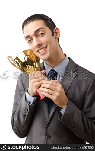 Man being awarded with golden cup