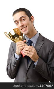 Man being awarded with golden cup