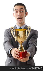 Man being awarded with golden cup