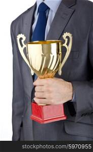 Man being awarded with golden cup