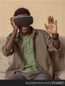 man being happy about using vr headset