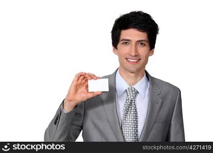 Man brandishing business card