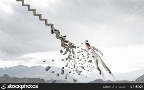 Man breaking ladder. Young businesswoman crashing stone staircase representing success concept