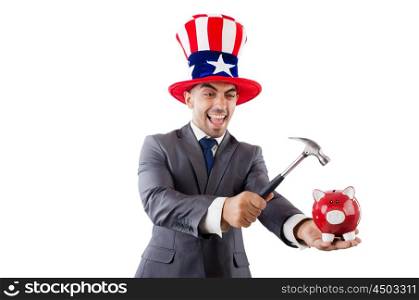 Man breaking the bank with hammer on white