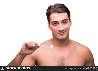 Man brushing his teeth isolated on white