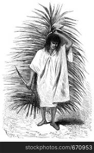 Man carrying a palm frond and knife, vintage engraved illustration. Le Tour du Monde, Travel Journal, (1865).