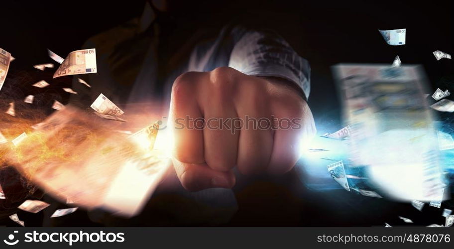 Man catch stream of light. Close up of businessman grasping light in fist