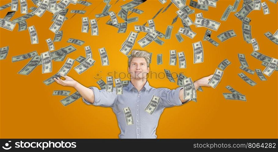 Man Catching Money Falling From the Sky in US Dollars