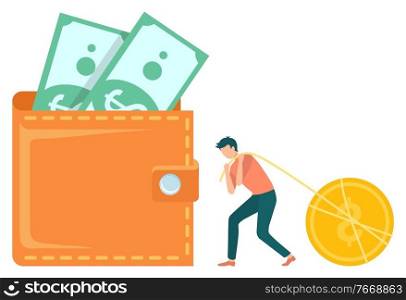 Man character pulling rope with coin, scene of earning money, cash with dollars. Worker with currency, investment or profit element, capital sign vector. Worker and Currency, Dollars in Cash, Earn Vector