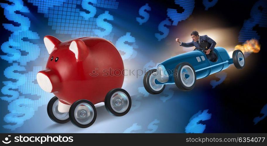 Man chasing piggybank in business concept