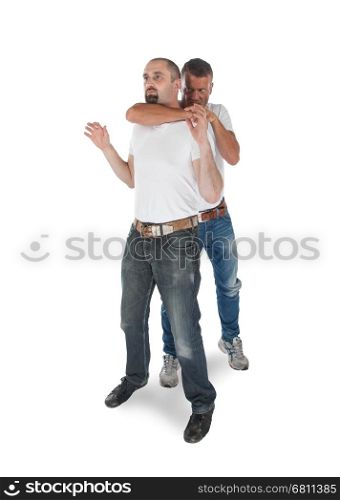 Man choking other man, isolated on white