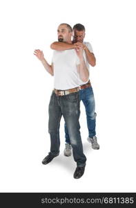 Man choking other man, isolated on white