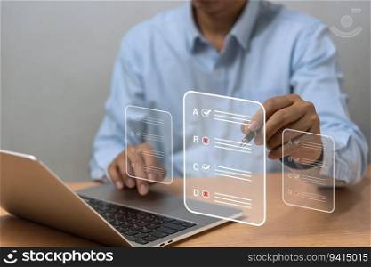 man chooses questionnaire with checkbox, survey form online, answer questions in the exam of test business checklist and filling survey form online using technology for education, learning.