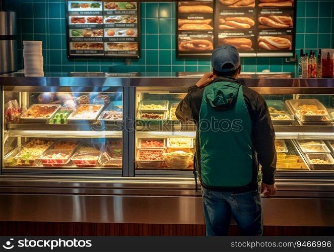 Man choosing meal from menu in fast food restaurant.AI Generative