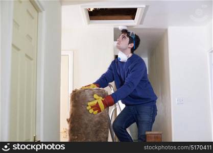 Man Climbing Into Loft To Insulate House Roof