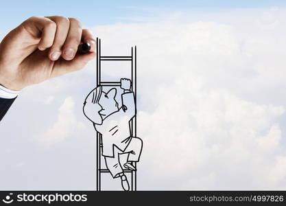 Man climbing ladder. Human hand drawing caricature of man climbing ladder