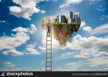 Man climbing ladder to floating island