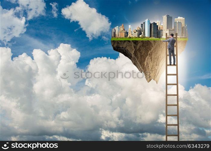 Man climbing ladder to floating island