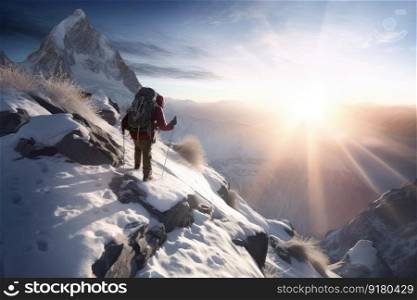 Man climbing up mountains. Freedom sport. Fictional person. Generate Ai. Man climbing up mountains. Generate Ai