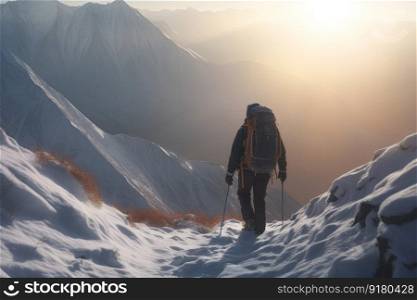Man climbing winter mountains. Climber travel. Fictional person. Generate Ai. Man climbing winter mountains. Generate ai