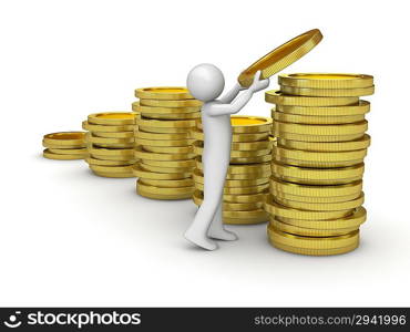 Man collecting money (finance series isolated character and coins on white background)