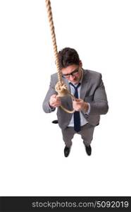 Man committing suicide through hanging himself isolated on white
