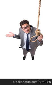 Man committing suicide through hanging himself isolated on white