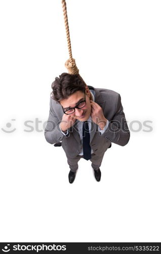 Man committing suicide through hanging himself isolated on white