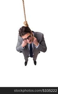 Man committing suicide through hanging himself isolated on white