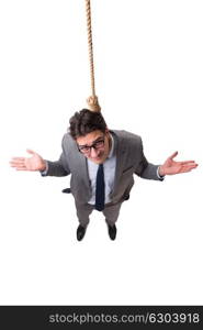 Man committing suicide through hanging himself isolated on white