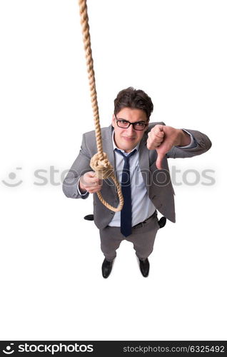 Man committing suicide through hanging himself isolated on white