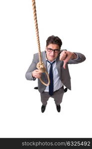 Man committing suicide through hanging himself isolated on white