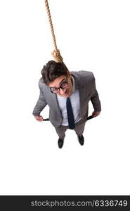 Man committing suicide through hanging himself isolated on white