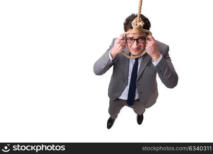 Man committing suicide through hanging himself isolated on white