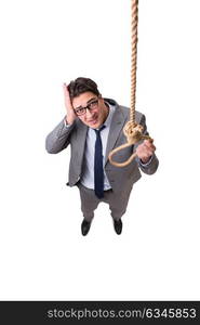 Man committing suicide through hanging himself isolated on white