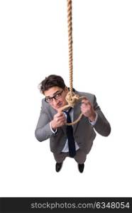 Man committing suicide through hanging himself isolated on white
