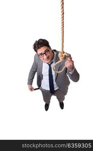 Man committing suicide through hanging himself isolated on white